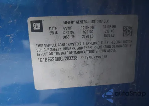 2016 Chevrolet Cruze Lt Auto из США, поврежденный, VIN 1G1BE5SM8G7283328